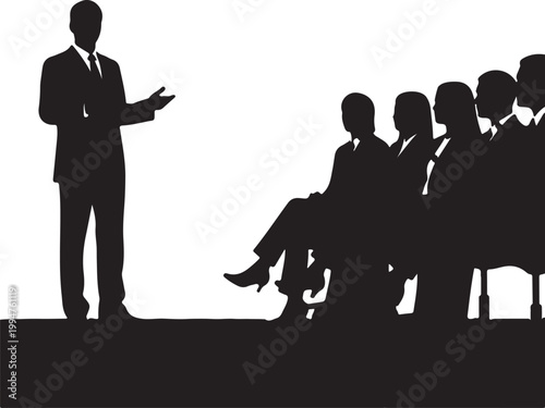 Business presentation silhouette, professional speaker addressing an audience, corporate meeting or conference, black and white vector illustration for communication and training concepts