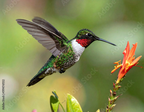A hummingbird hovering mid-air next to a bright orange flower. Ai
