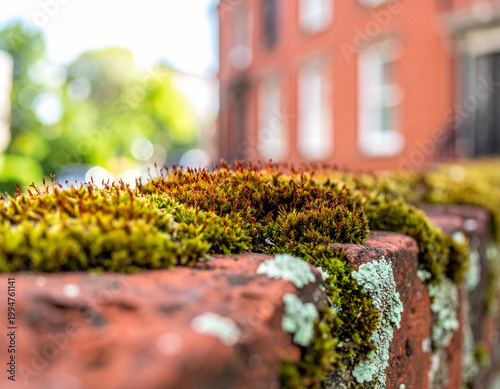 A line of old, weathered red bricks topped with a thick, vibrant carpet of emerald green moss. Ai