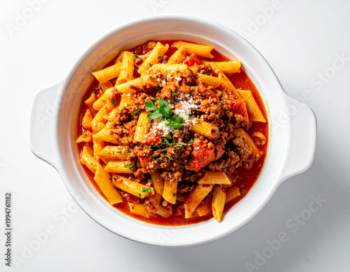 A mouth-watering top-down photograph of a white ceramic bowl filled with macaroni in a Bolognese sauce. Ai