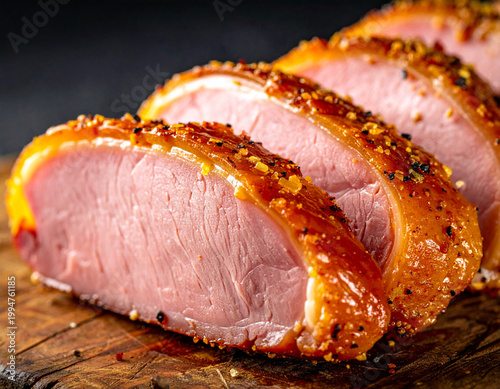 A macro photograph of several thick, succulent slices of glazed ham resting on a wooden cutting board. Ai