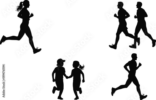 Running people silhouettes collection, fitness jogging exercise, active lifestyle, marathon training, healthy sport runners isolated on gray background
