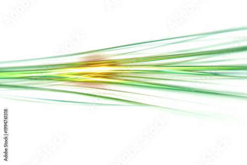 Golden yellow and green light beams bursting through black space in horizontal direction