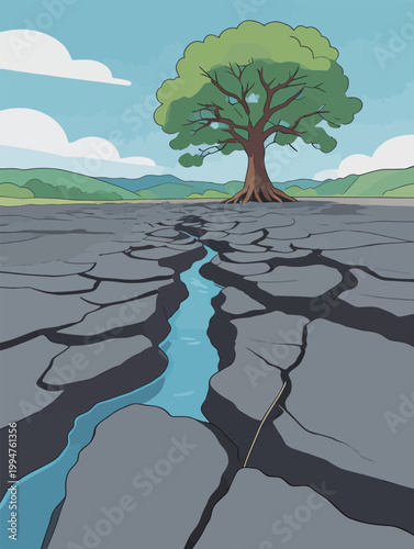 Cracked Earth with Stream and Tree