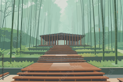 Serene Wooden Pavilion in Bamboo Forest