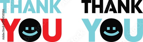 Colorful 'thank you' graphic with smiling faces and bold typography