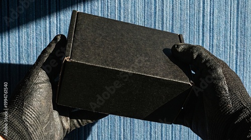 Premium black box mockup held with black protective gloves