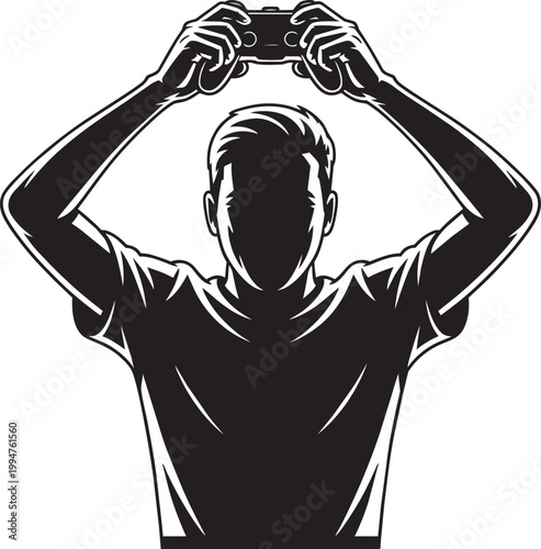 Silhouette of a gamer holding a controller triumphantly with video game and black and white