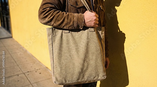 Rustic fabric tote bag mockup on shoulder against yellow background