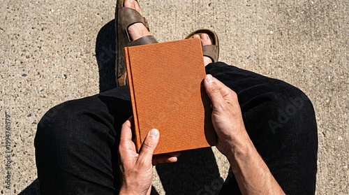 Terracotta hardcover book mockup held by person top view