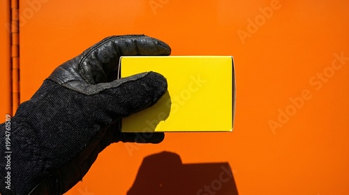 Yellow box mockup held by gloved hand against orange background
