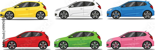 Compact car vector collection, small city vehicles, hatchback and convertible automobiles, colorful side view transport illustrations, modern car icons isolated