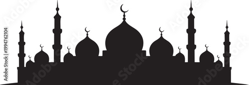 Simple Mosque Skyline Silhouette with Domes and Minarets with place of worship, white