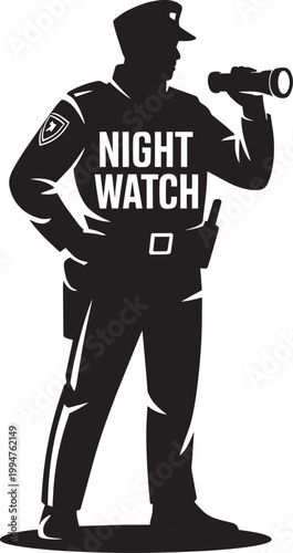 Standing security guard silhouette holding binoculars, night watch logo with law enforcement