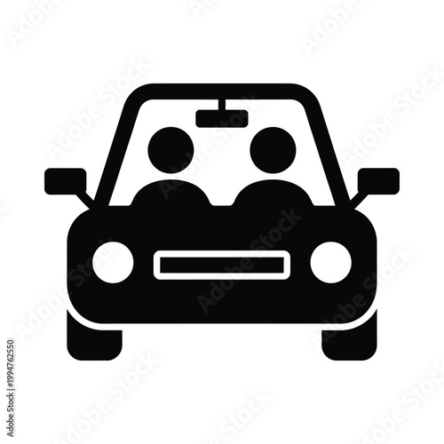 Simple black icon depicting a convertible car with two passengers inside