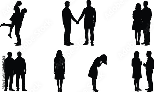 People and couple silhouettes collection, romantic embrace, standing figures, social interaction poses, black vector illustration isolated on gray background