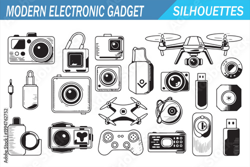 Electronic device silhouette set featuring camera controller speaker and mobile tech icons