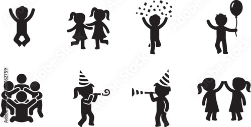 Black silhouette icons of people celebrating a party with balloons and noise makers isolated on transparent background