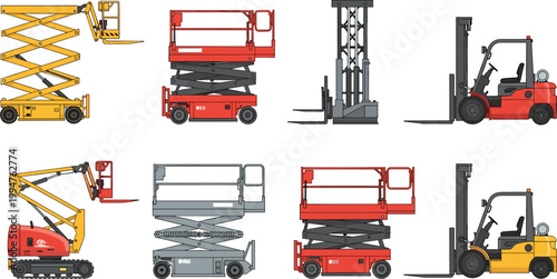 Industrial lifting equipment set including forklifts, scissor lifts, and boom lifts isolated, warehouse machinery collection, construction material handling vehicles vector illustration