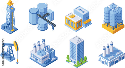 Isometric industrial factory set featuring oil rig pump jack power plant warehouse storage silos office building and manufacturing refinery facilities for heavy industry illustrations.