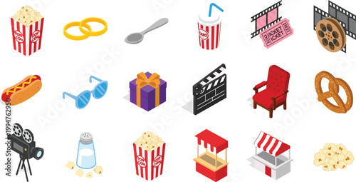 Isometric cinema and movie theater icon set featuring popcorn hot dog film reel clapperboard tickets soda camera seat and snack stand for entertainment designs.