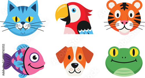 Set of Cute Cartoon Animal Head Icons Featuring a Cat Parrot Tiger Fish Dog and Frog in Flat Vector Style for Kids Educational Design.