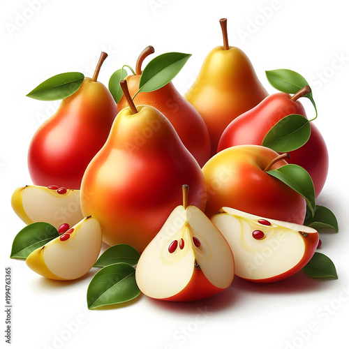 Ripe pears with green leaf and cross section of pear with seeds isolated on white background.