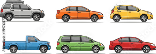 Various vehicle types collection including SUV sedan hatchback pickup and minivan vector illustration isolated on white background for transportation and automotive design