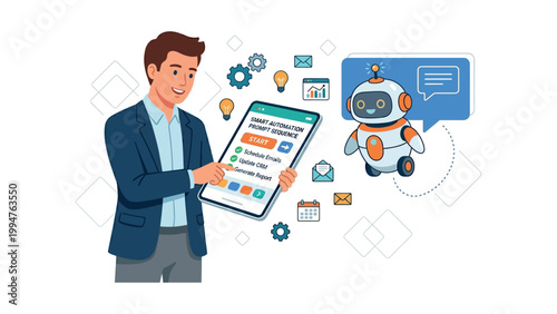 A man holding a tablet with a robot providing information technology support nearby.