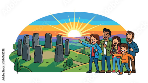 Family explores Stonehenge at sunrise with children and adults taking photos together outdoors