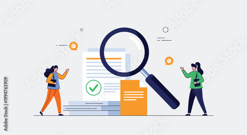 Business professionals reviewing a document with a giant magnifying glass symbolizing audit or search process.