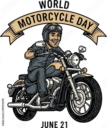 Man riding motorcycle on World Motorcycle Day in June with a happy expression