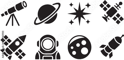 Set of space and astronomy icons including telescope, planet, star, satellite, astronaut, and rocket