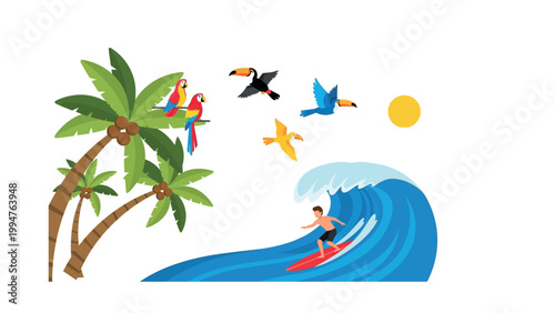 Man surfing on a wave near palm trees and tropical birds under the sun.