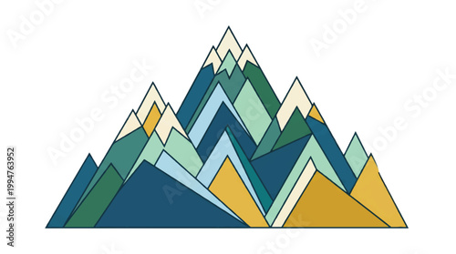 Vibrant multi colored mountain range graphic with various shades of green blue yellow on white background