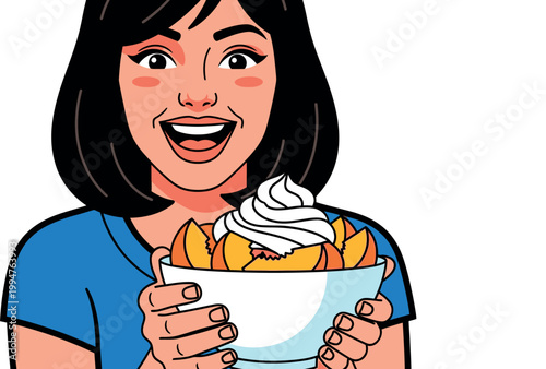 Woman enjoys a bowl of french fries with whipped cream.