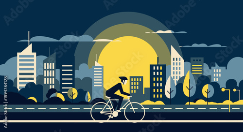 Cartoon vector illustration of a dark night city skyline featuring urban architecture buildings and skyscraper silhouettes along a quiet street road