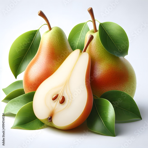 Pear isolated. Green pear on white background. Pear with clipping path. Set of pears.
