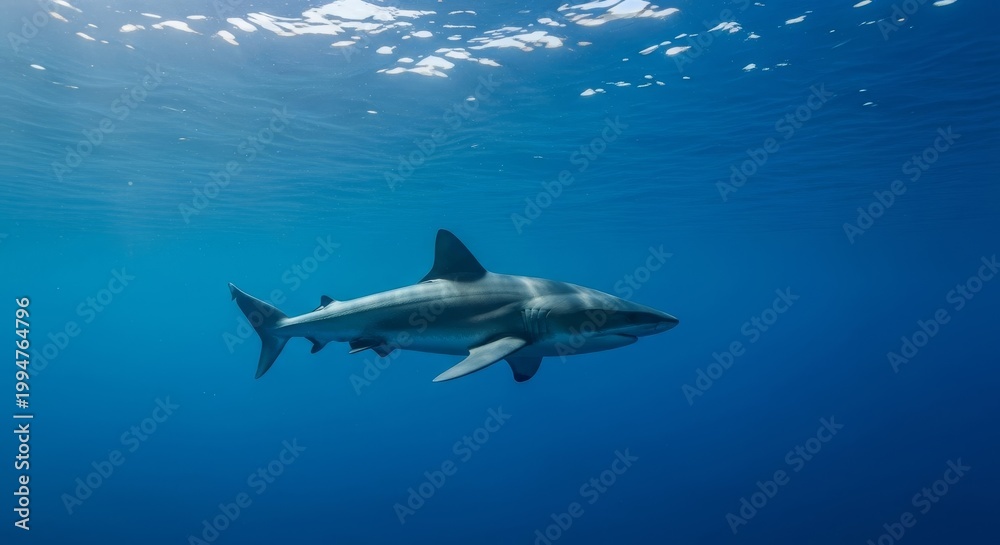 Obraz premium Fierce shark cruises through deep blue ocean waters with sunlight shimmering on the surface above