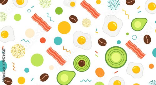 Flat Vector Illustration Pattern of Healthy Breakfast Ingredients with Fried Eggs Avocado Slices Crispy Bacon and Coffee Beans on White Background
