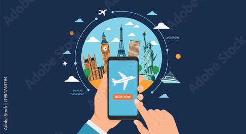Travel booking application concept with a smartphone screen showing a plane and world famous landmarks behind.
