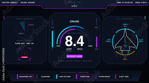 Futuristic car dashboard UI vector featuring digital speedometer, vehicle data, and control panels. Ideal for automotive interfaces, electric vehicles, smart cockpit, and mobility technology design.
