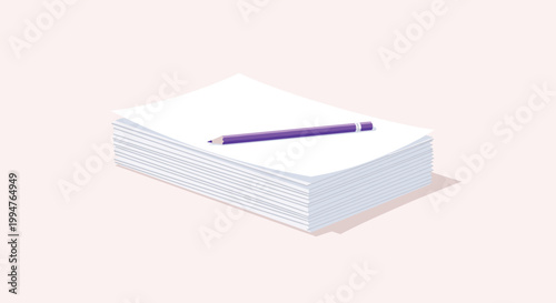 Neat stack of white blank paper sheets with a single purple pencil resting on top for creative writing or sketching.