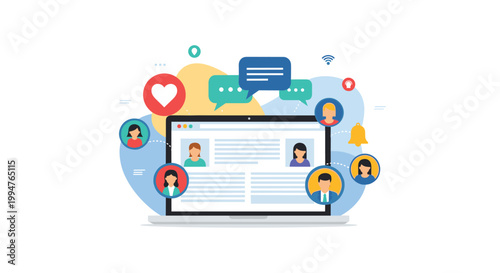 Social media networking concept features a laptop displaying user profiles and surrounded by various colorful reaction and chat icons.