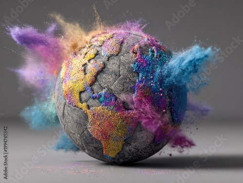 Textured globe soccer ball erupting with colorful powder bursts