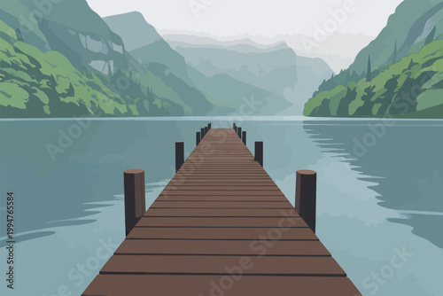 Wooden Pier Leading to Mountainous Lake Landscape