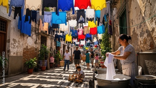 A woman walking along a lively street market in Venice Italy with shops food and festive decorations