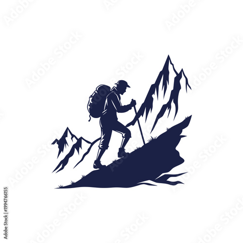 Dark blue silhouette of hiker climbing steep mountain with backpack and trekking poles, minimalist adventure illustration