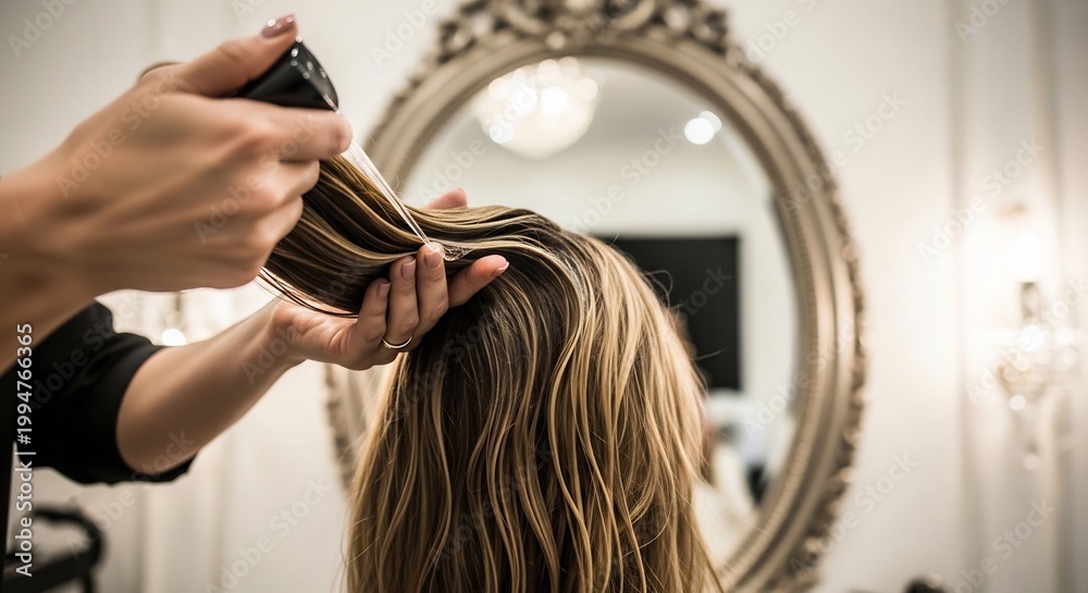 Fototapeta premium Hairdresser applying hairspray to clients blonde hair in salon.