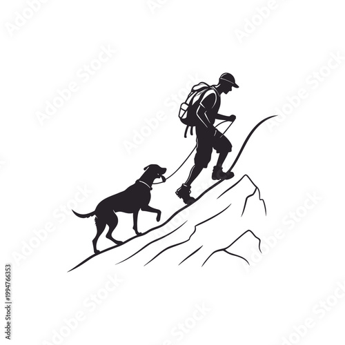 Man hiking with dog along mountain trail isolated on white background, outdoor lifestyle and companionship concept